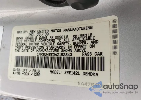 2010 Toyota Corolla z USA, uszkodzony, nr VIN 1NXBU4EE0AZ192843